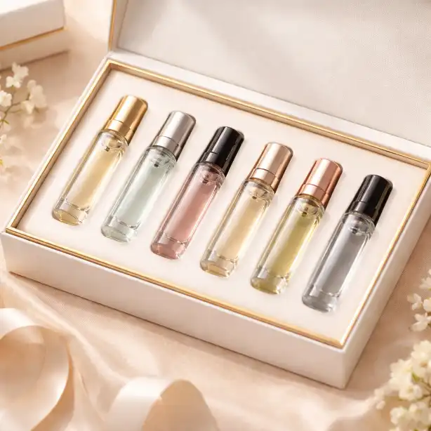 Mini perfume bottles arranged in a premium custom insert for discovery set packaging