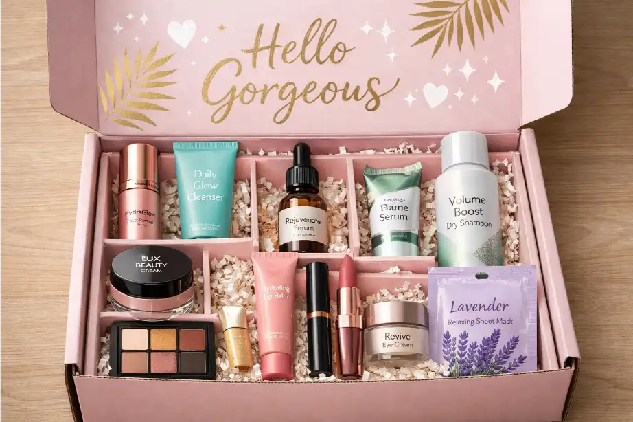 Mixed-size beauty products arranged inside a premium subscription insert