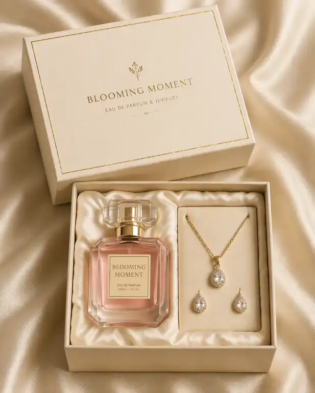 Perfume and jewelry products presented in a top-bottom box