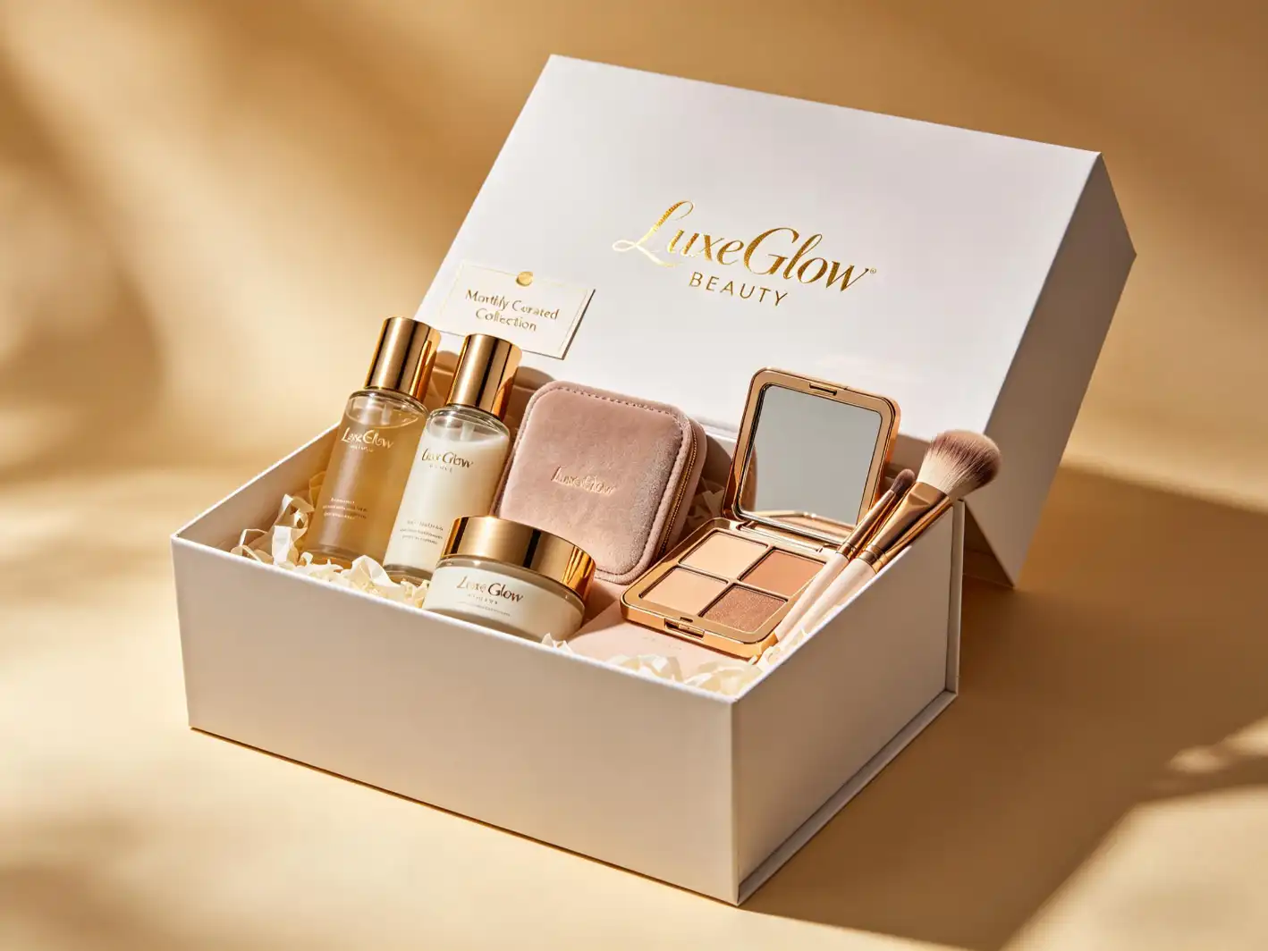 Premium beauty subscription box with skincare and cosmetic products inside