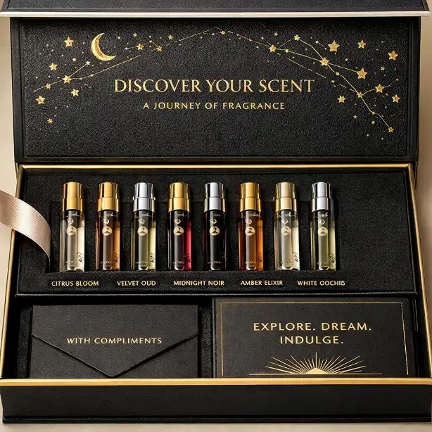 Premium finish details on perfume discovery set packaging