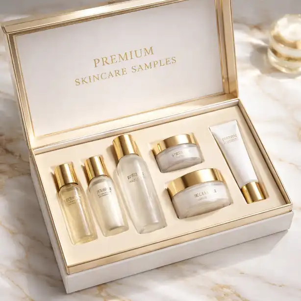 Premium skincare sample packaging with mini bottles and jars inside