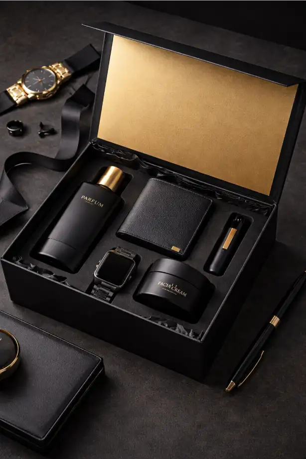 Rigid box opened with premium products inside