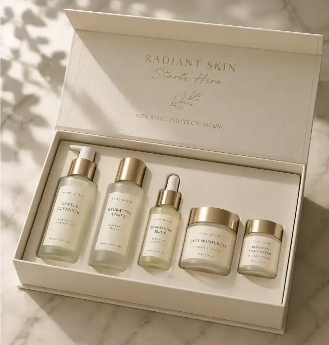 Skincare bottles and jars arranged in a magnetic closure gift box