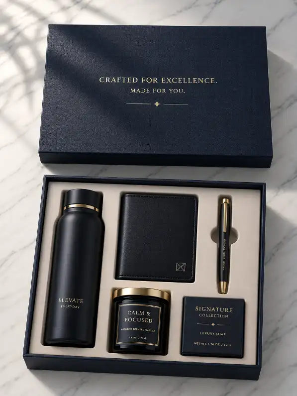 Top-bottom box with custom insert holding premium products neatly