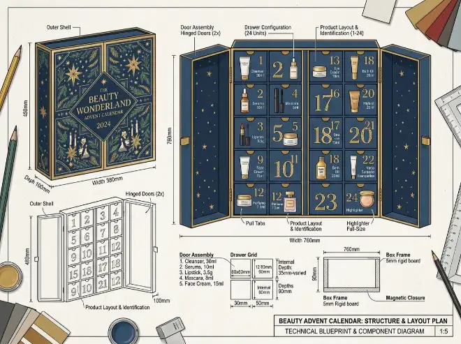 beauty advent calendar box structure plan with numbered drawers and product layout