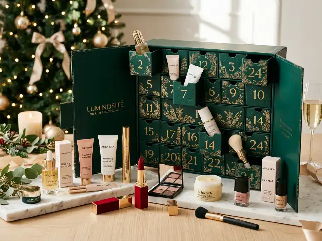 beauty advent calendar box with skincare and makeup products in premium layout