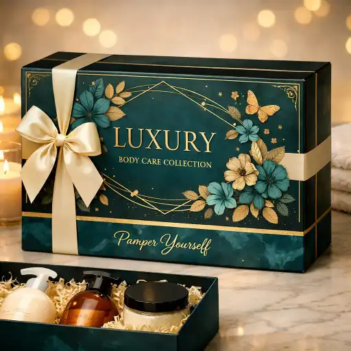 Premium body care gift set packaging with lotion, body wash, and scrub inside