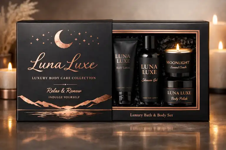 Premium matte and foil finish on body care gift set packaging