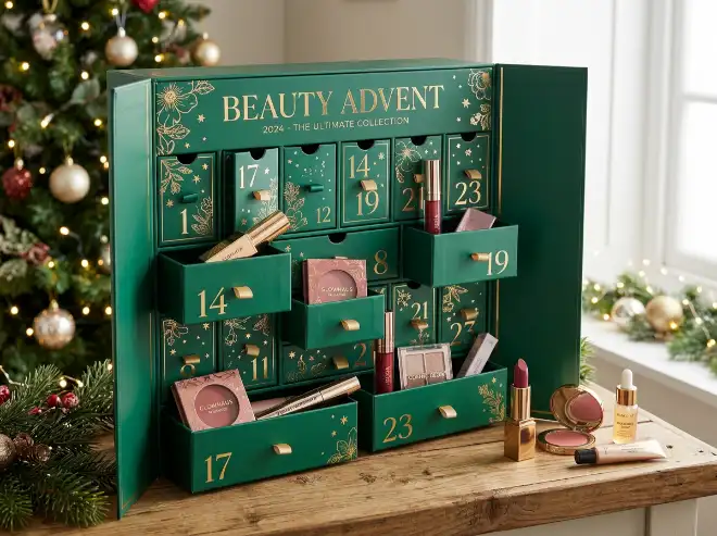 beauty advent calendar box for lipstick compact and makeup sample sets