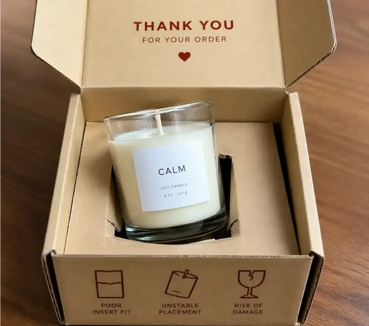 candle gift box mistake with poor insert fit and unstable jar placement