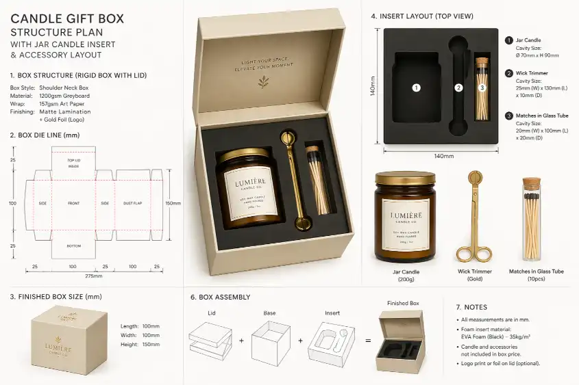 candle gift box structure plan with jar candle insert and accessory layout