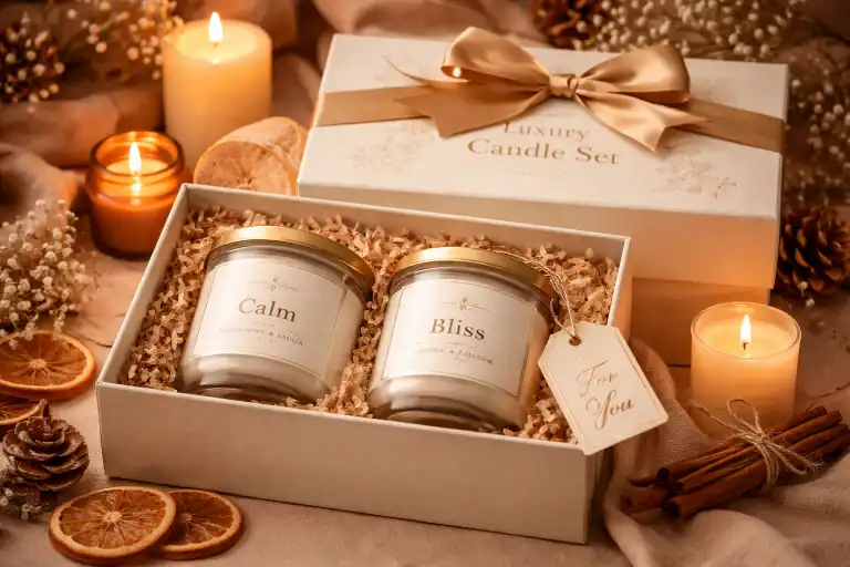 Premium candle gift box styled in a warm gifting scene