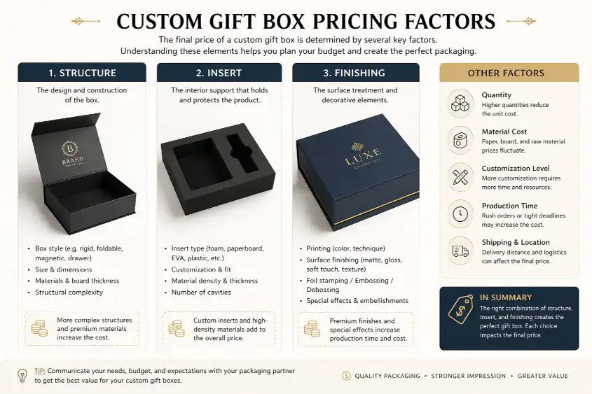 custom gift box pricing factors including structure insert and finishing