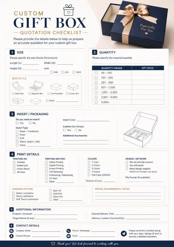 custom gift box quotation checklist with size quantity insert and print details