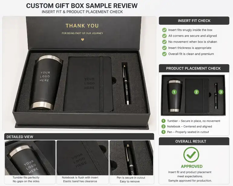 custom gift box sample review with insert fit and product placement check
