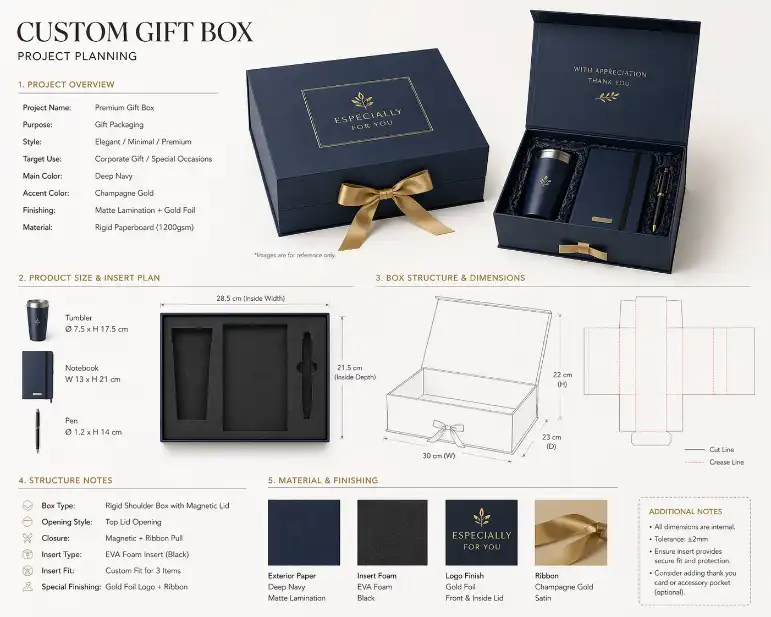 custom gift box project planning with product size insert and structure notes
