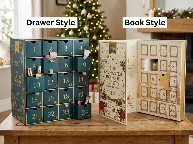 drawer style and book style beauty advent calendar box comparison