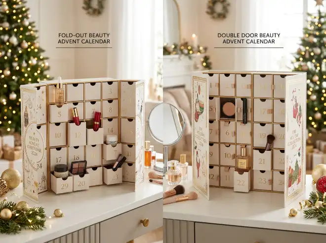 fold-out and double door beauty advent calendar box structures for cosmetics