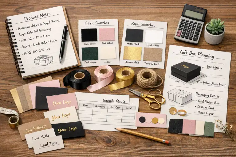 Product notes, packaging swatches, and gift box planning materials for low MOQ quote preparation