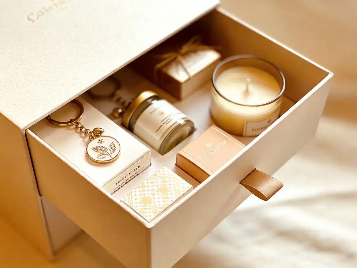 Small gift products arranged in a drawer box