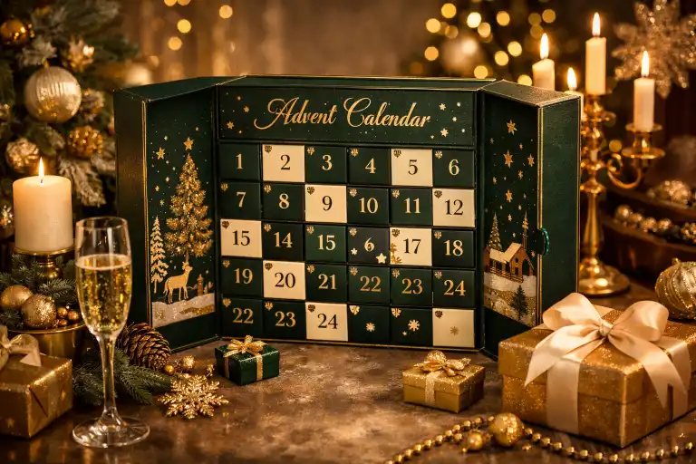 Elegant holiday advent calendar box in a premium gifting scene