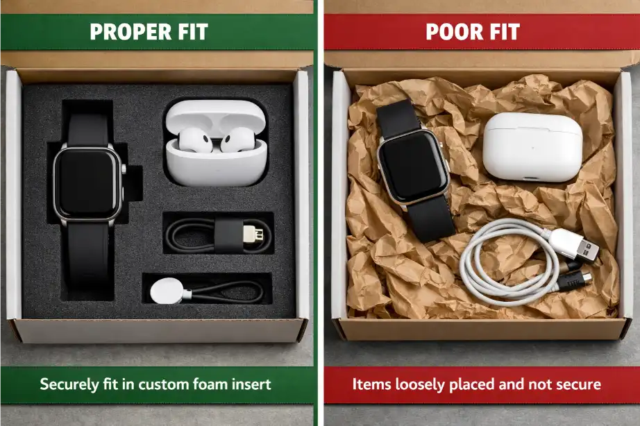 Gift box insert comparison showing proper and poor product fit
