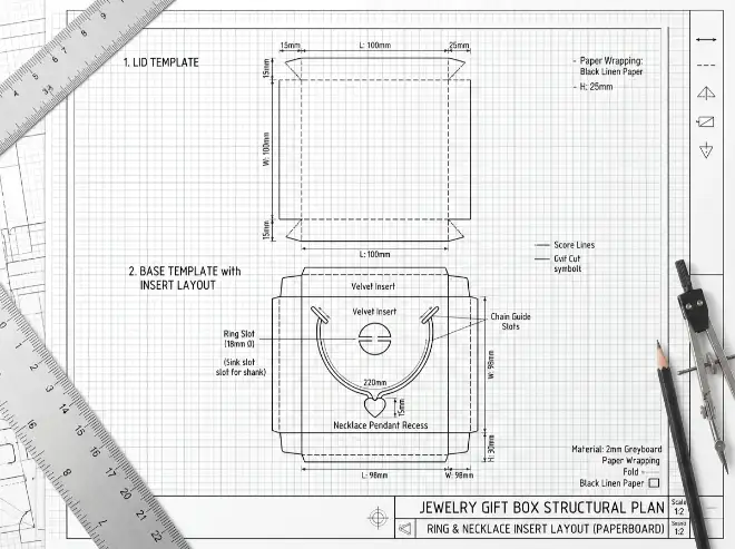 jewelry gift box structure plan with ring and necklace insert layout