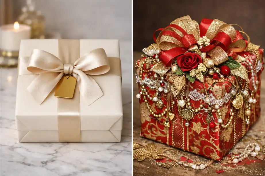 Comparison of refined luxury finishes and overdecorated gift box surface