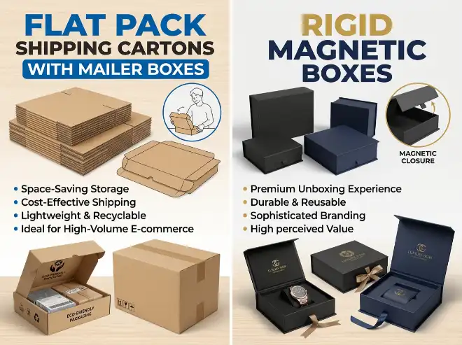 flat pack shipping cartons with mailer boxes vs rigid magnetic boxes