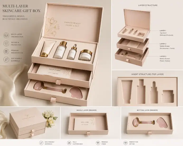 multi layer skincare gift box with insert structure for beauty products
