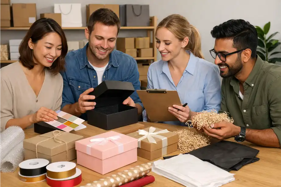 Team reviewing gift box sample and packaging materials before production