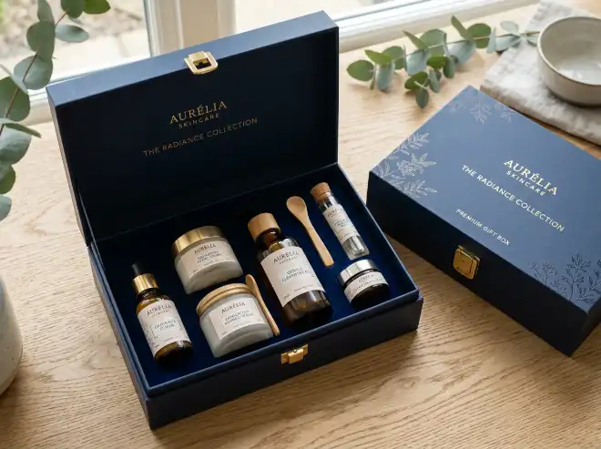 skincare gift box with bottles jars and premium packaging layout