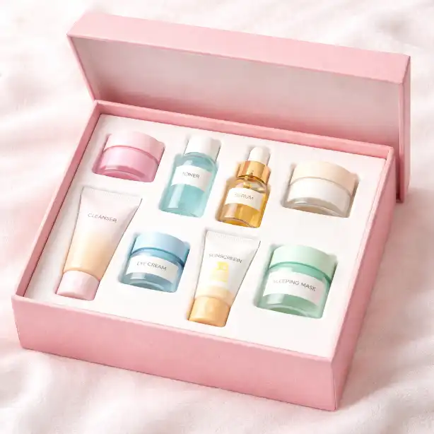 Mini skincare products arranged neatly in a custom insert