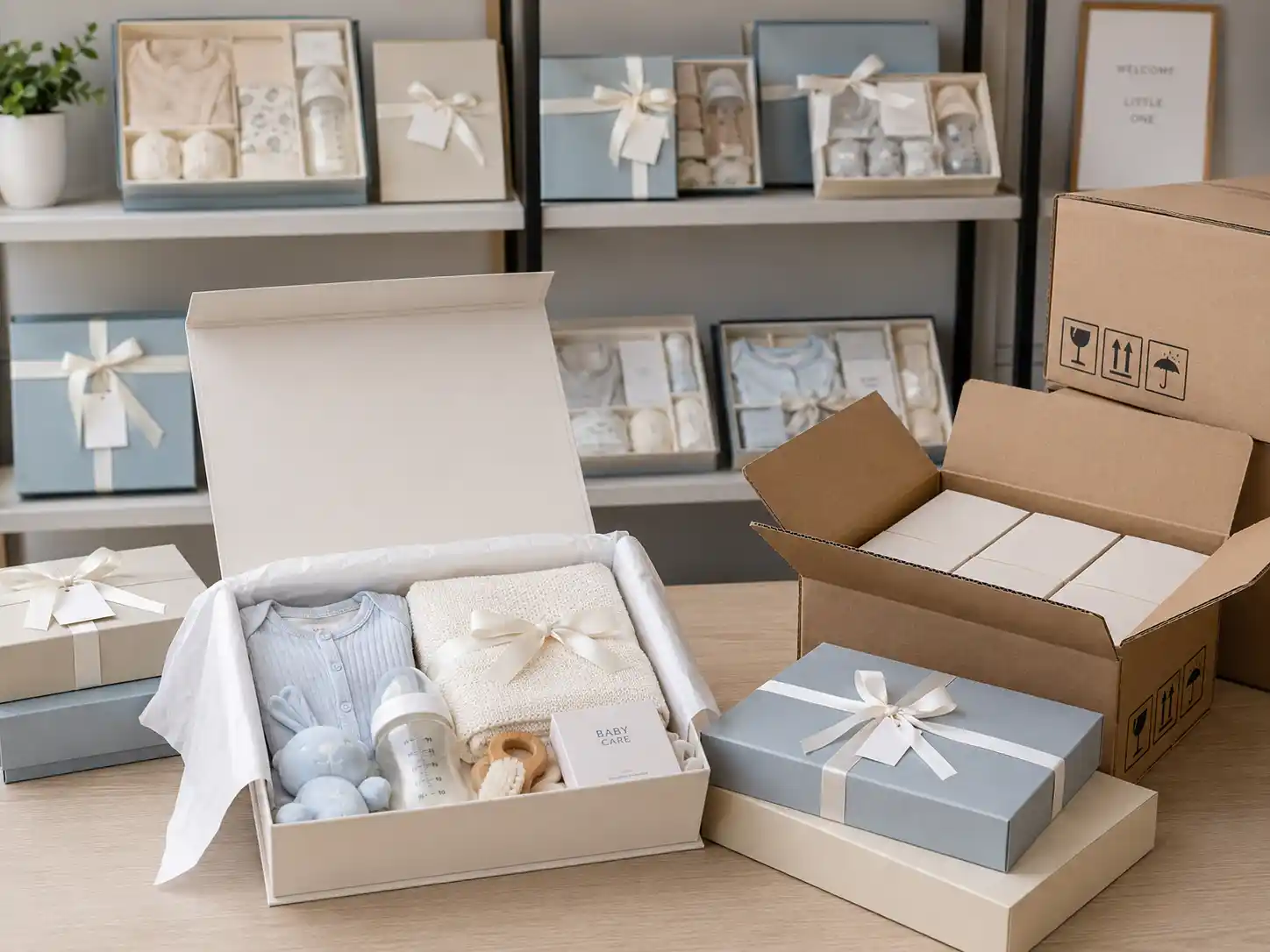 Finished baby gift box sets prepared for showroom and export