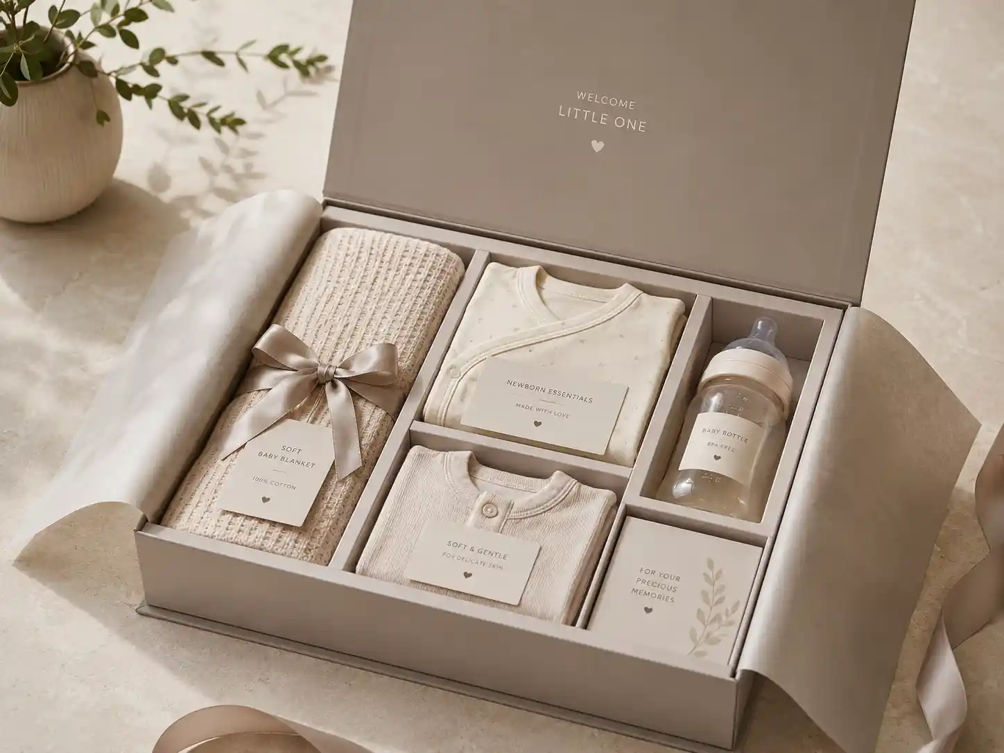 Premium baby gift box with newborn items and fitted insert