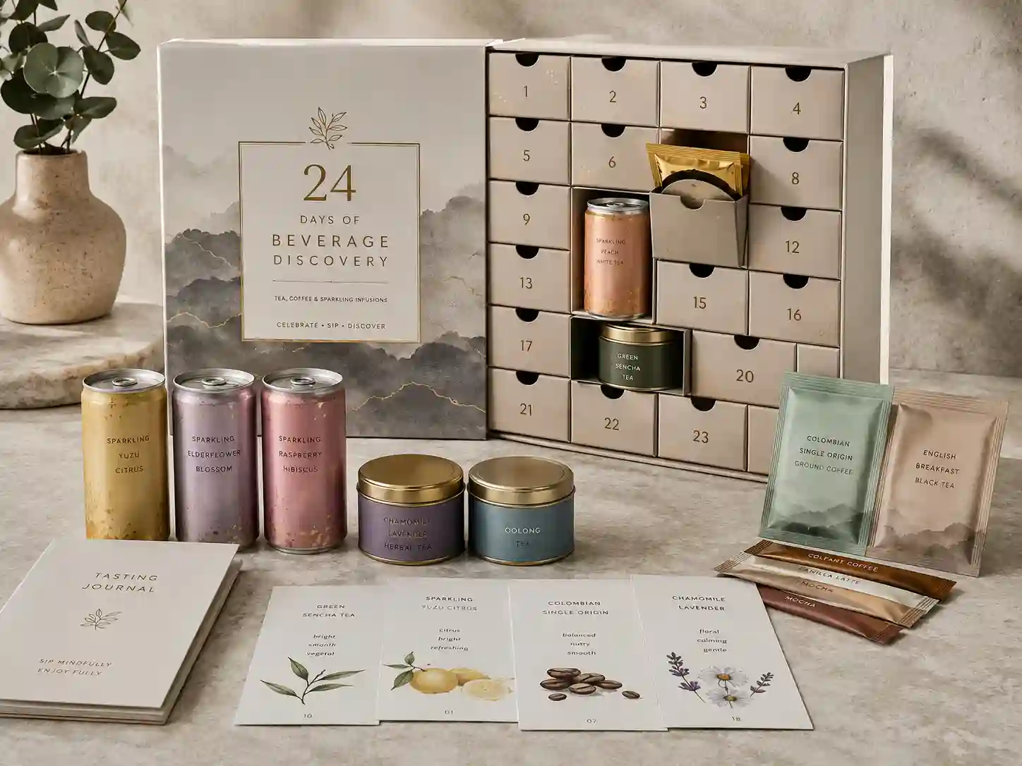 Beverage advent calendar box with numbered doors and drink samples