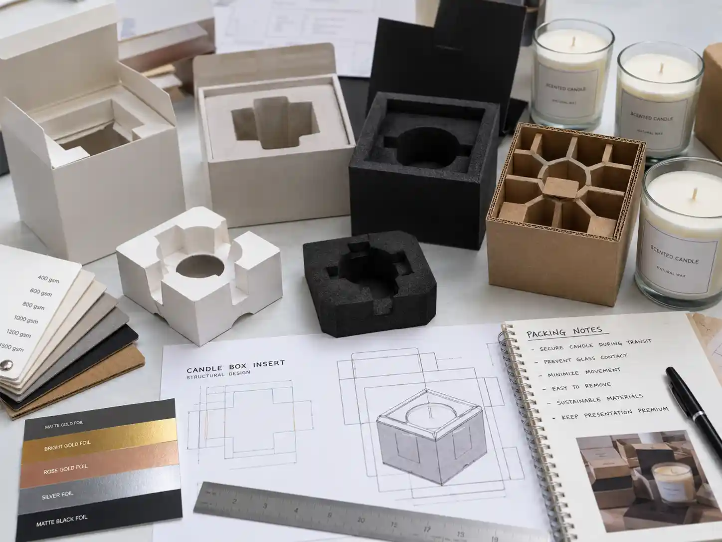 Candle box insert samples with jar candle fitting tests