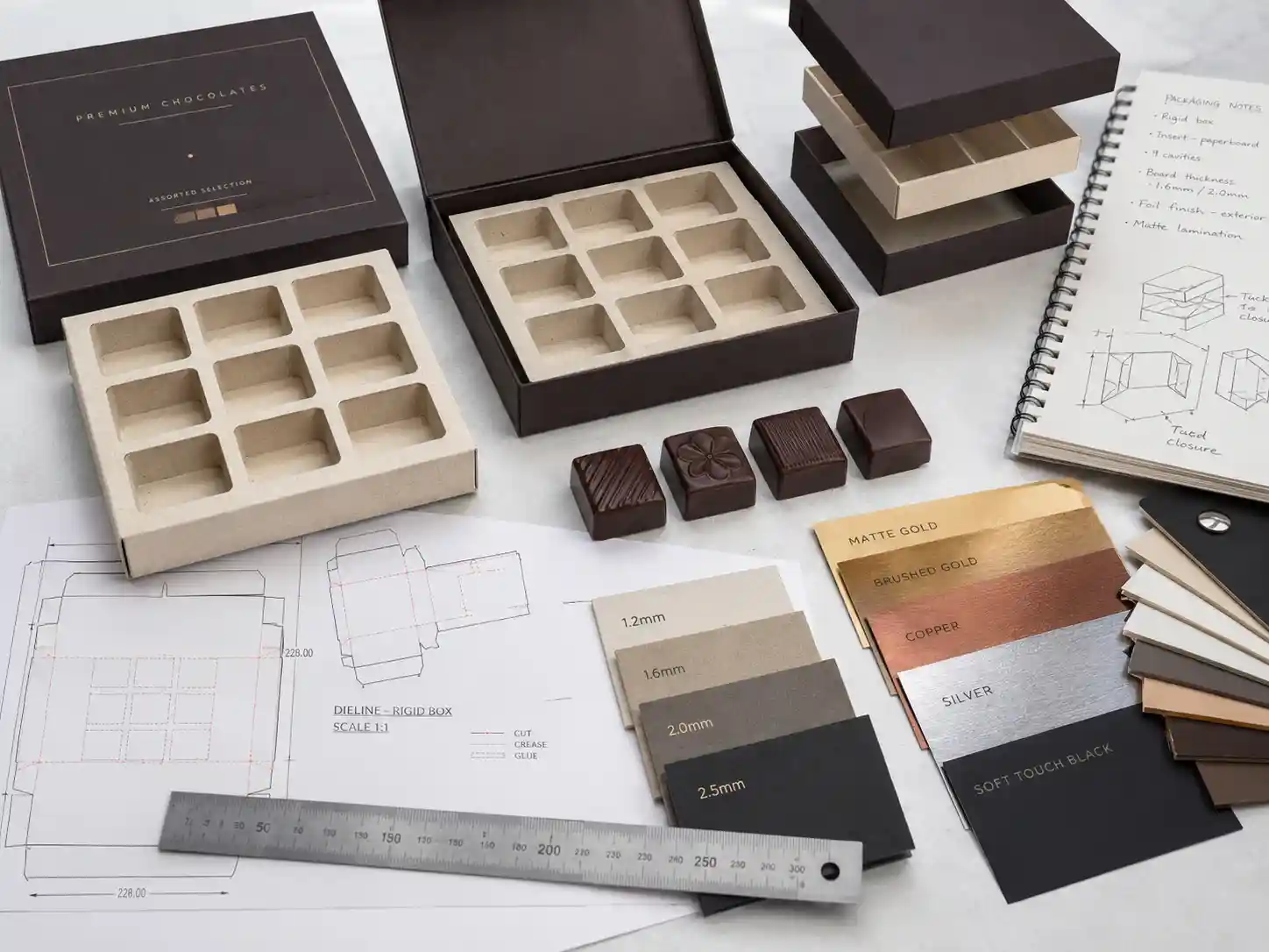 Chocolate gift box insert samples with dielines and material swatches