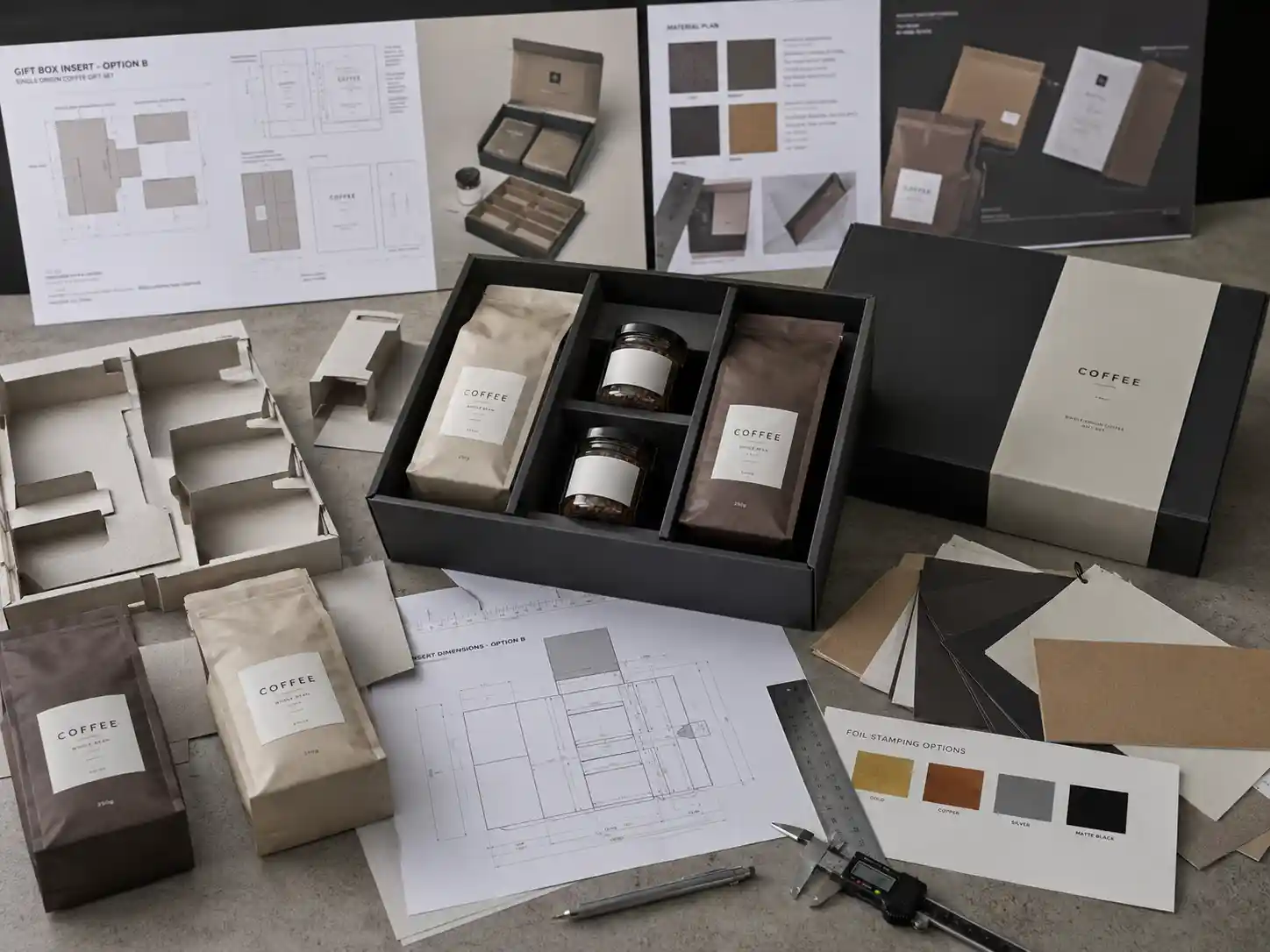Coffee gift box insert samples with dielines and materials