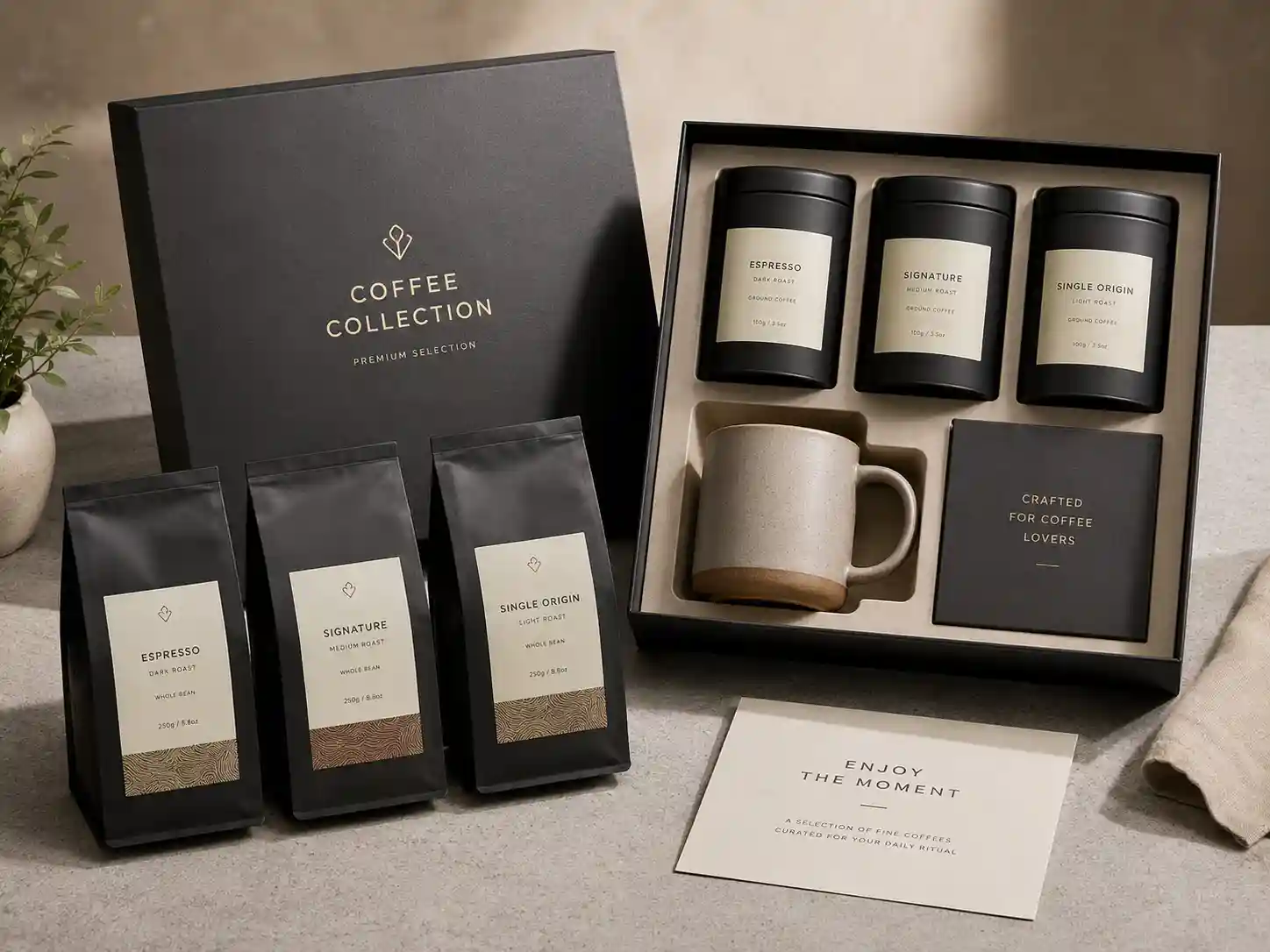 Premium coffee gift box set with inserts and coffee products