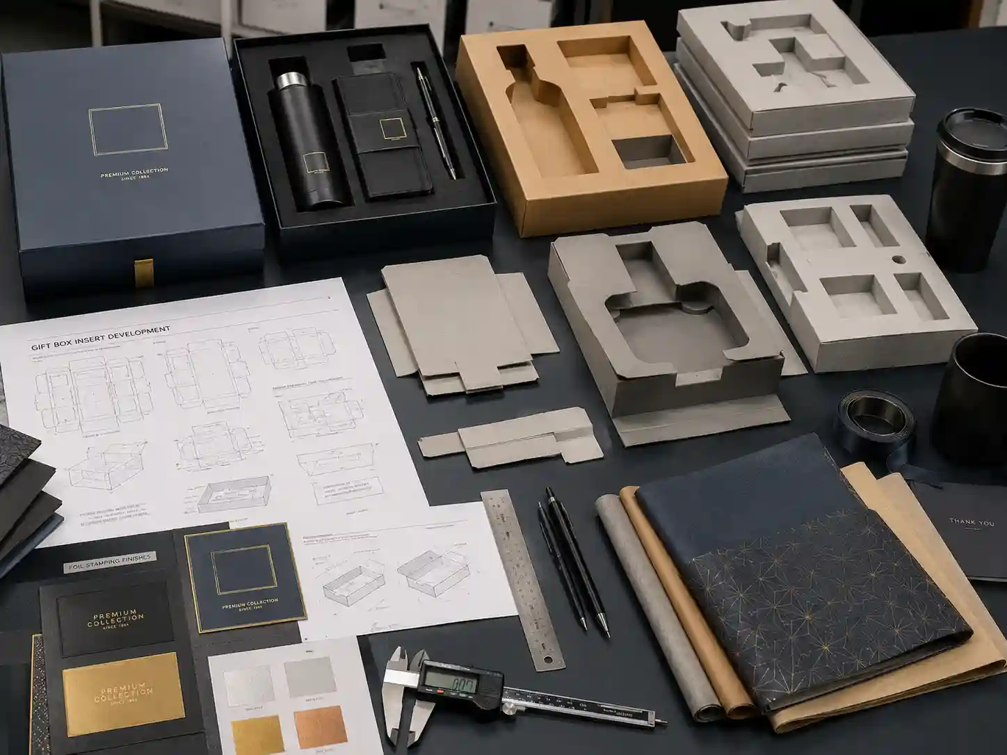 Corporate gift box insert samples with dielines and materials
