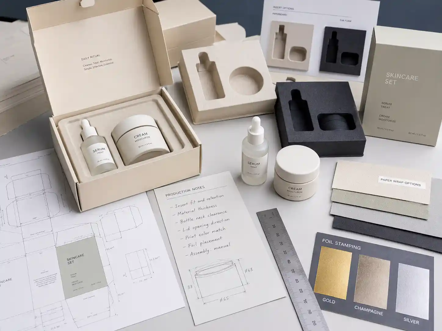 Cosmetic gift box insert samples with skincare product dummies