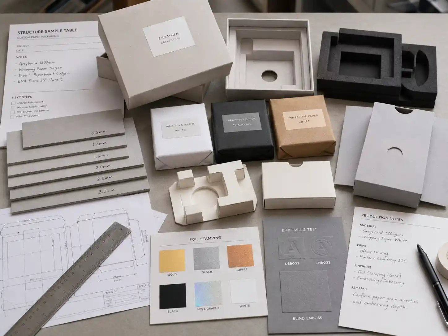 Custom box inserts and material samples for paper packaging