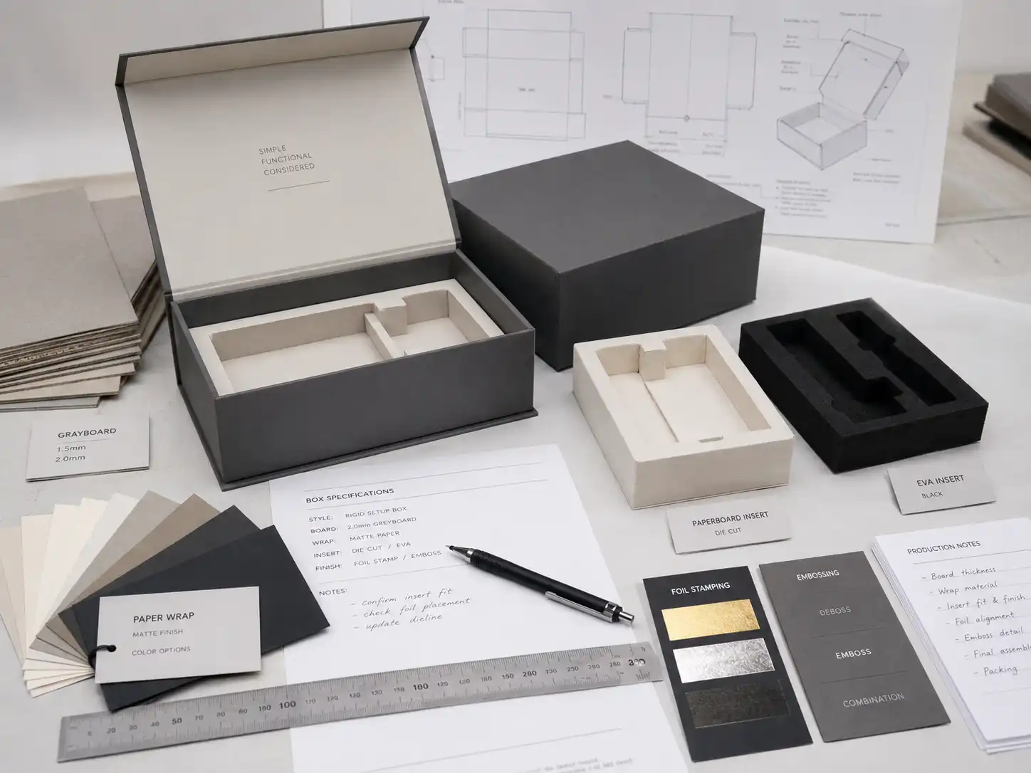 Custom box inserts and structure samples on workshop table