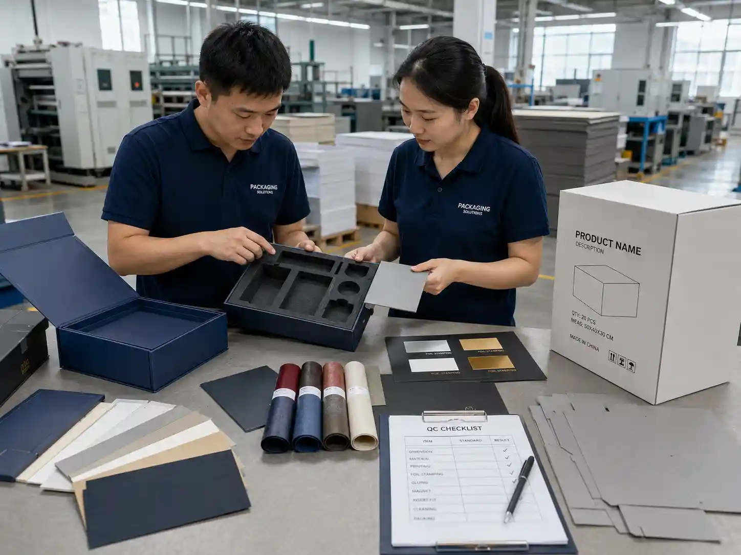 Factory team reviewing custom gift box inserts and materials