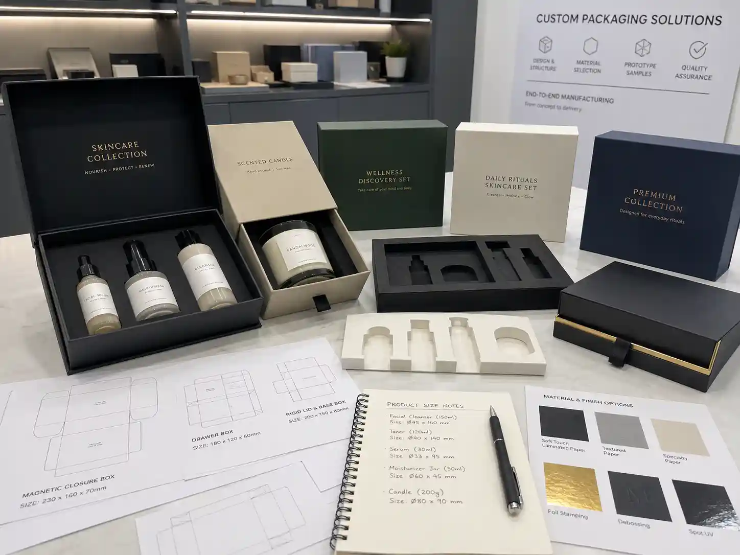 Custom gift box samples with inserts and product layout review