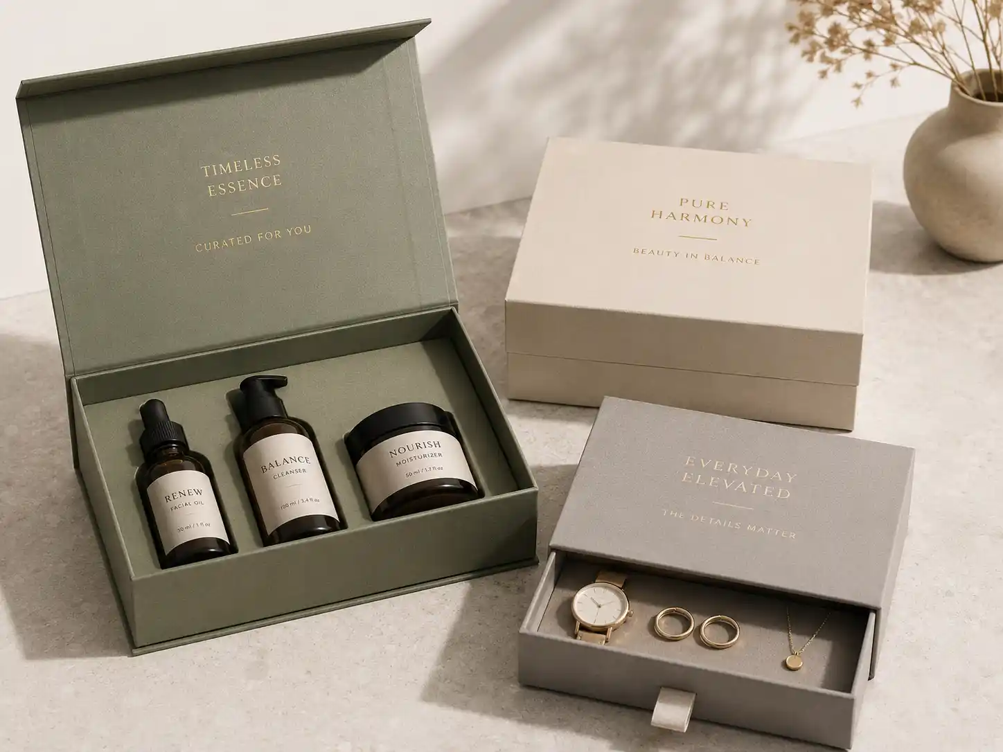 Custom packaging box styles arranged as premium branded gift packaging