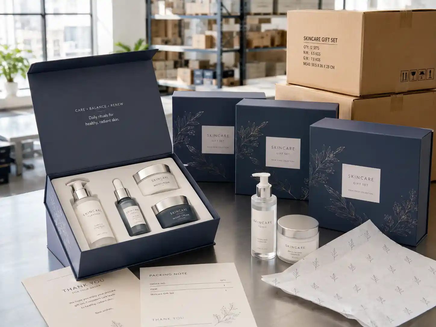 Export-ready skincare gift boxes with inserts and master cartons