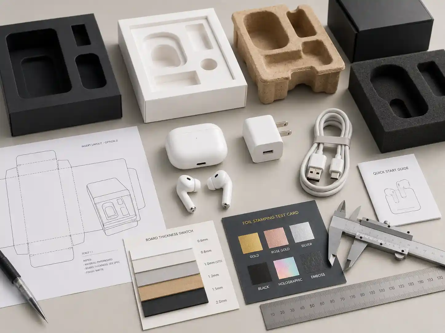electronics box insert samples with dielines and material swatches